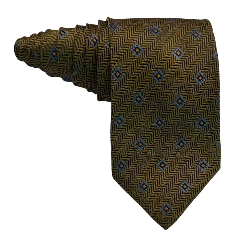 Ermenegildo Zegna Silk Tie Gold Herringbone Geometric Diamond Made in Italy